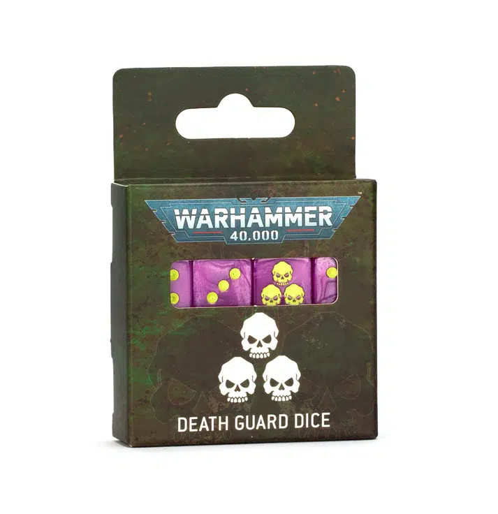 DEATH GUARD DICE WARHAMMER 40000. Este exclusivo set de dados de la Death Guard es perfecto para los generales del caos que desean representar a su ejército con estilo. El set incluye 16 dados de resina perlada en color púrpura, con números en tinta verde y el icónico símbolo de la Guardia de la Muerte en la cara del seis. Un accesorio imprescindible para cualquier jugador de Warhammer 40K que comande a los siervos de Nurgle.