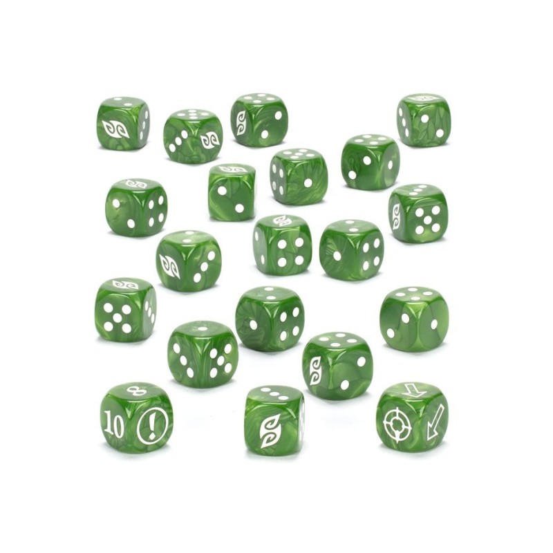 WOOD ELF REALMS DICE. Los Elfos Silvanos luchan con una elegancia que choca con la ira vengativa que descargan sobre cualquiera que ose profanar sus tierras. Golpean con ferocidad y contundencia, guiados por las deidades del bosque. Un juego de 20 dados de seis caras con esquinas redondeadas para usarlos en partidas de Warhammer: The Old World, con temática de los Wood Elf Realms. Están fabricados en plástico acrílico de color verde metalizado con efecto remolino nacarado. Presentan muescas y detalles en tinta blanca y miden 16 mm de arista. En los dados normales, las caras del 1 al 5 están marcadas con los tradicionales puntos, mientras que la cara del 6 está adornada con el místico icono de los Wood Elf Realms.