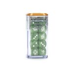 WOOD ELF REALMS DICE. Los Elfos Silvanos luchan con una elegancia que choca con la ira vengativa que descargan sobre cualquiera que ose profanar sus tierras. Golpean con ferocidad y contundencia, guiados por las deidades del bosque. Un juego de 20 dados de seis caras con esquinas redondeadas para usarlos en partidas de Warhammer: The Old World, con temática de los Wood Elf Realms. Están fabricados en plástico acrílico de color verde metalizado con efecto remolino nacarado. Presentan muescas y detalles en tinta blanca y miden 16 mm de arista. En los dados normales, las caras del 1 al 5 están marcadas con los tradicionales puntos, mientras que la cara del 6 está adornada con el místico icono de los Wood Elf Realms.
