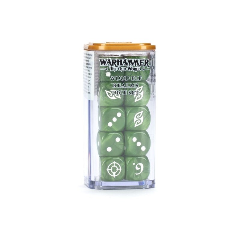 WOOD ELF REALMS DICE. Los Elfos Silvanos luchan con una elegancia que choca con la ira vengativa que descargan sobre cualquiera que ose profanar sus tierras. Golpean con ferocidad y contundencia, guiados por las deidades del bosque. Un juego de 20 dados de seis caras con esquinas redondeadas para usarlos en partidas de Warhammer: The Old World, con temática de los Wood Elf Realms. Están fabricados en plástico acrílico de color verde metalizado con efecto remolino nacarado. Presentan muescas y detalles en tinta blanca y miden 16 mm de arista. En los dados normales, las caras del 1 al 5 están marcadas con los tradicionales puntos, mientras que la cara del 6 está adornada con el místico icono de los Wood Elf Realms.