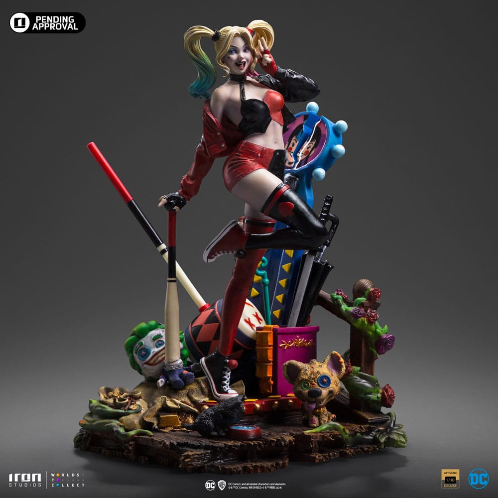 HARLEY QUINN (GOTHAM CITY SIRENS) ART SCALE 1/10. Incorpora a tu colección la elegante Estatua Art Scale 1/10 de Catwoman, inspirada en Gotham City Sirens. Esta impresionante figura de poliresina, con una altura aproximada de 22 cm, captura con precisión cada detalle del icónico personaje de DC Comics.  La estatua está hecha de resina de alta calidad y pintada a mano reflejando la astucia y el carisma de Catwoman. Perfecta para fans y coleccionistas, es una pieza imprescindible para cualquiera que quiera incorporar el cosmos a su colección.