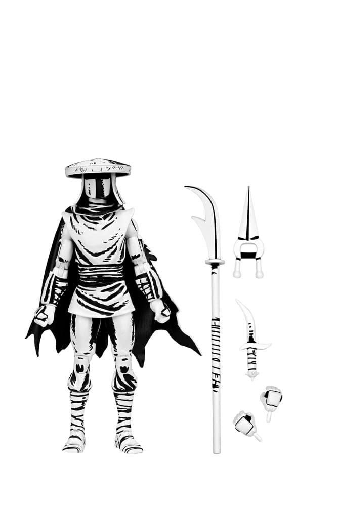 Elite foot ninja guard black and white teenage mutant ninja turtles neca. Basado en los cómics originales de eastman & laird de las tortugas ninja adolescentes mutantes de mirage studios.   regresa a lo básico con la guardia de élite de shredder, tal como apareció originalmente en la publicación en blanco y negro de mirage comics.   la guardia de élite, la más letal de los ninjas del pie, está unida por honor a shredder y es entrenada personalmente por él. Esta figura de acción mide 18 cm e incluye manos adicionales, lanza, sombrero y capa extraíble.   viene en una caja con ventana especial con temática de cómic, ilustrada por kevin eastman.