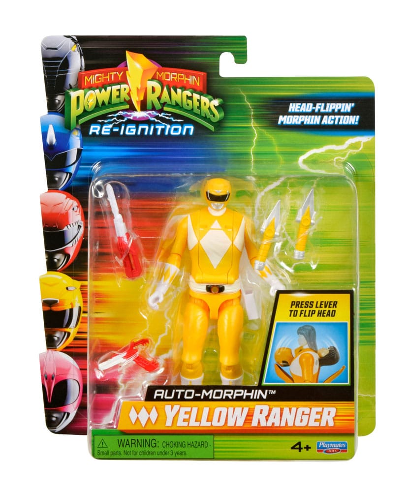 Auto-morphin yellow ranger mighty morphin power rangers. El auto-morphin yellow ranger viene con sus características power daggers y el blade blaster en forma de cuchilla y blaste. La figura está multiarticulada y tiene el mismo aspecto que trini kwan del original de mighty morphin power rangers.