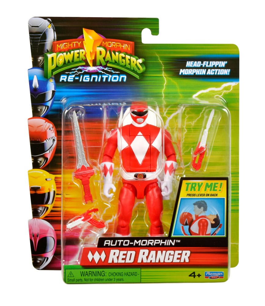 Auto-morphin red ranger mighty morphin power rangers. El auto-morphin red ranger viene con su característica power sword y blade blaster en forma de hoja y blaster. La figura tiene múltiples puntos de articulación y se parece a jason scott de la serie original mighty morphin power rangers.