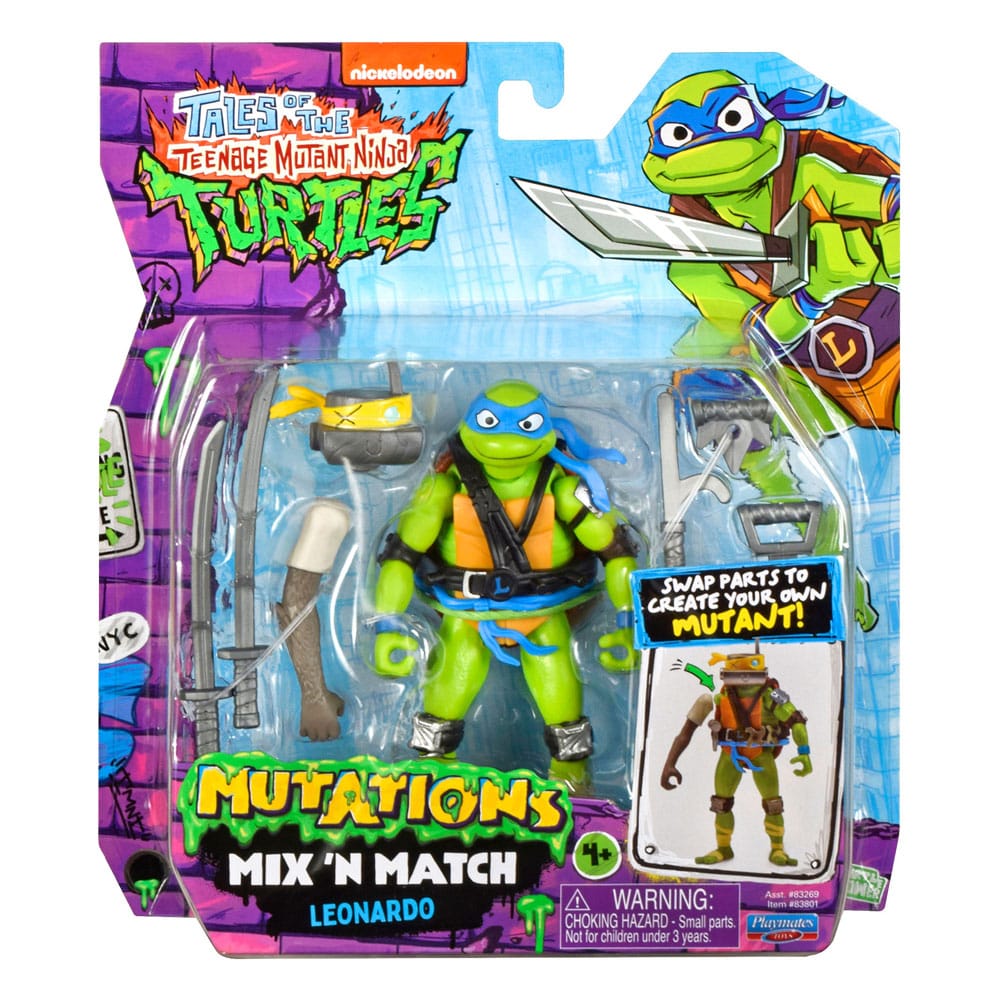 LEONARDO TALES OF THE TEENAGE MUTANT NINJA TURTLES MIX´N MATCH. Colecciona todas las figuras y accesorios de Tales of the Teenage Mutant Ninja Turtles y sumérgete en el mundo de las mutaciones. Con el sistema Mix 'n Match, puedes intercambiar brazos, piernas, cabezas y accesorios a voluntad: cada figura ofrece infinitas posibilidades de personalización (cada una se vende por separado). Incluye la cabeza de Metalhead y el brazo izquierdo de Mechazoid. También tienes las emblemáticas armas de Donnie para recrear escenas llenas de acción de la serie o inventar tus propias aventuras. Tamaño de la figura: 11,5 cm de altura aprox.