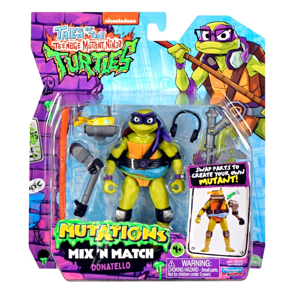 DONATELLO TALES OF THE TEENAGE MUTANT NINJA TURTLES MIX´N MATCH. Colecciona todas las figuras y accesorios de Tales of the Teenage Mutant Ninja Turtles y sumérgete en el mundo de las mutaciones. Con el sistema Mix 'n Match, puedes intercambiar brazos, piernas, cabezas y accesorios a voluntad: cada figura ofrece infinitas posibilidades de personalización (cada una se vende por separado). Incluye la cabeza de Metalhead y el brazo izquierdo de Mechazoid. También tienes las emblemáticas armas de Donnie para recrear escenas llenas de acción de la serie o inventar tus propias aventuras. Tamaño de la figura: 11,5 cm de altura aprox.