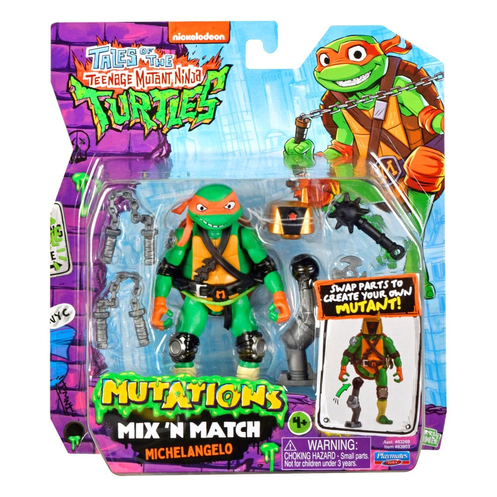 MICHELANGELO TALES OF THE TEENAGE MUTANT NINJA TURTLES MIX´N MATCH. Colecciona todas las figuras y accesorios de Tales of the Teenage Mutant Ninja Turtles y sumérgete en el mundo de las mutaciones. Con el sistema Mix 'n Match, puedes intercambiar brazos, piernas, cabezas y accesorios a voluntad: cada figura ofrece infinitas posibilidades de personalización (cada una se vende por separado). La figura incluye la cabeza de Mechazoid y el brazo derecho de Bishop, así como las emblemáticas armas de Mike para ofrecerte aún más acción. Tanto si reproduces escenas de la serie como si vives tus propias aventuras, tu imaginación no tendrá límites Tamaño de la figura: 11,5 cm de altura aprox.