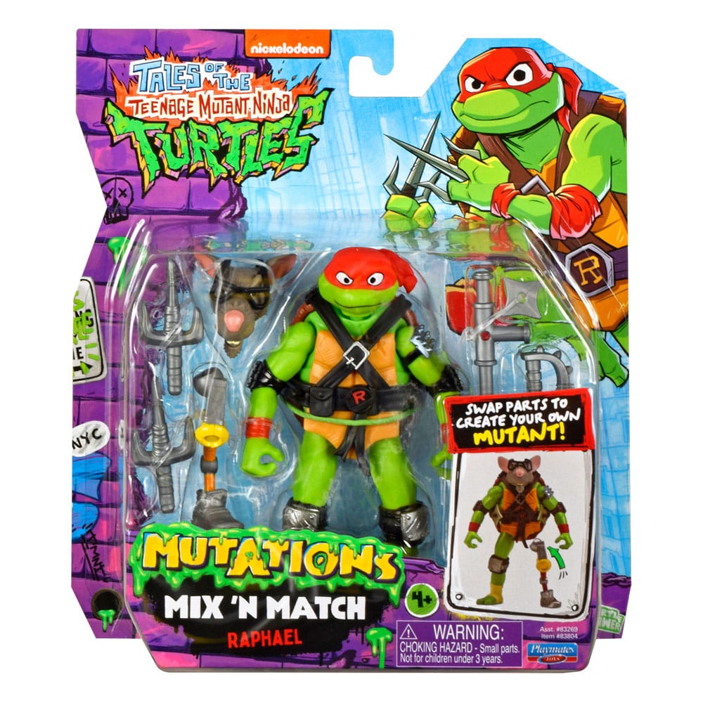 RAPHAEL TALES OF THE TEENAGE MUTANT NINJA TURTLES MIX´N MATCH. Colecciona todas las figuras y accesorios de Tales of the Teenage Mutant Ninja Turtles y sumérgete en el mundo de las mutaciones. Con el sistema Mix 'n Match, puedes intercambiar brazos, piernas, cabezas y accesorios a voluntad: cada figura ofrece infinitas posibilidades de personalización (cada una se vende por separado). La figura incluye la cabeza de Splinter y el brazo izquierdo de Metalhead. También incluye la emblemática arma de Raph, para que puedas recrear escenas famosas de la serie o crear tus propias aventuras.