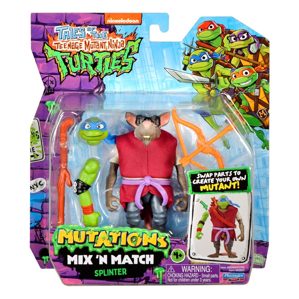 SPLINTER TALES OF THE TEENAGE MUTANT NINJA TURTLES MIX´N MATCH. Colecciona todas las figuras y accesorios de Tales of the Teenage Mutant Ninja Turtles y sumérgete en el mundo de las mutaciones. Con el sistema Mix 'n Match, puedes intercambiar brazos, piernas, cabezas y accesorios a voluntad: cada figura ofrece infinitas posibilidades de personalización (cada una se vende por separado). La figura incluye la cabeza de Leo, el brazo de Raph y las armas clásicas de Splinter, perfectas para crear combinaciones definitivas y derrotar a tus oponentes. Los detalles de alta calidad y el diseño fiel al original de la serie de TV hacen de esta figura un auténtico acontecimiento para todos los fans de Teenage Mutant Ninja Turtles. Tamaño de la figura: 11,5 cm de altura aprox.