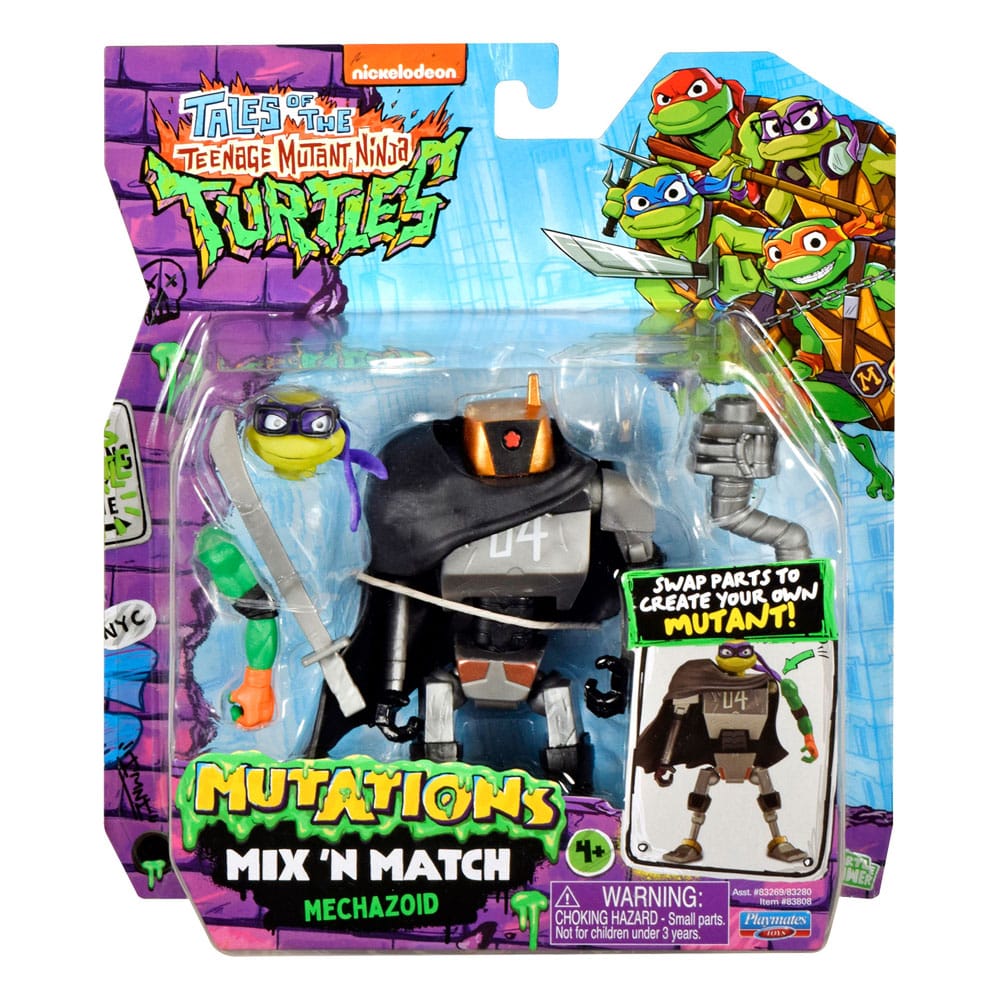 MECHAZOID TALES OF THE TEENAGE MUTANT NINJA TURTLES MIX´N MATCH. Colecciona todas las figuras y accesorios de Tales of the Teenage Mutant Ninja Turtles y sumérgete en el mundo de las mutaciones. Con el sistema Mix 'n Match, puedes intercambiar brazos, piernas, cabezas y accesorios a voluntad: cada figura ofrece infinitas posibilidades de personalización (cada una se vende por separado). La figura Mix 'n Match Mechazoid incluye la cabeza de Donnie, el brazo izquierdo de Mikey y las impresionantes armas de Mechazoid. Úsalas para transformar a Mechazoid en tu propio mutante personalizado, desmóntalo todo de nuevo y ¡vuelve a mezclar y combinar! Tamaño de la figura: 11,5 cm de altura aprox.