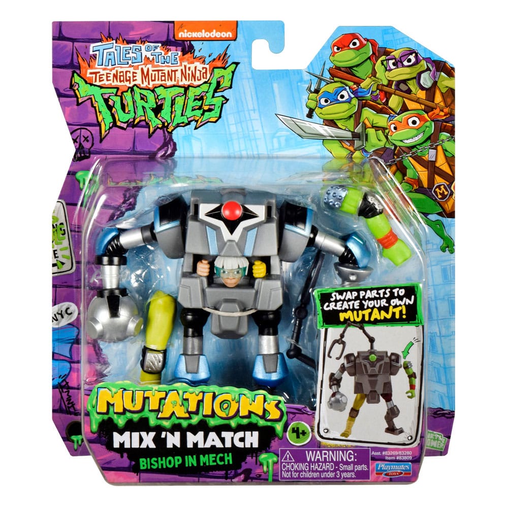 MECH SUIT TALES OF THE TEENAGE MUTANT NINJA TURTLES MIX´N MATCH. Colecciona todas las figuras y accesorios de Tales of the Teenage Mutant Ninja Turtles y sumérgete en el mundo de las mutaciones. Con el sistema Mix 'n Match, puedes intercambiar brazos, piernas, cabezas y accesorios a voluntad: cada figura ofrece infinitas posibilidades de personalización (cada una se vende por separado). La figura incluye el brazo izquierdo de Raph, el brazo derecho de Donnie y las armas de Bishop, perfectas para ideas de juego creativas. Tamaño de la figura: 11,5 cm de altura aprox.