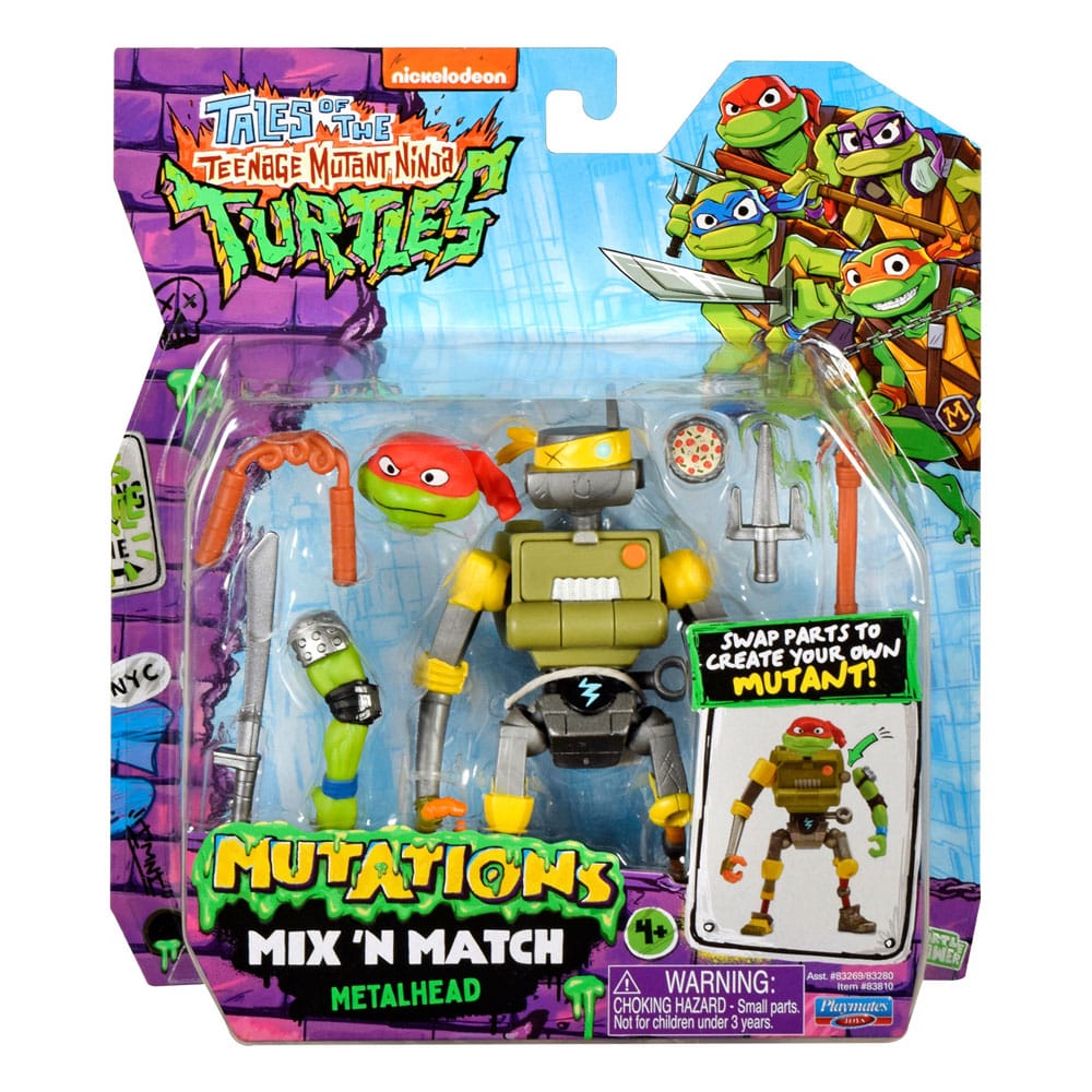 METALHEAD TALES OF THE TEENAGE MUTANT NINJA TURTLES MIX´N MATCH. Colecciona todas las figuras y accesorios de Tales of the Teenage Mutant Ninja Turtles y sumérgete en el mundo de las mutaciones. Con el sistema Mix 'n Match, puedes intercambiar brazos, piernas, cabezas y accesorios a voluntad: cada figura ofrece infinitas posibilidades de personalización (cada una se vende por separado). La figura Mix 'n Match Metalhead incluye la cabeza de Raph, el brazo izquierdo de Leo y las armas propias de Metalhead, perfectas para crear tu propio mutante para cada misión. Tamaño de la figura: 11,5 cm de altura aprox.