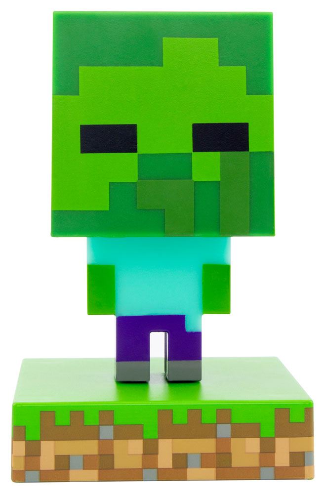 Minecraft lámpara 3d icon zombie. Con esta exclusiva lámpara de mesilla de la marca paladone para su línea icons tus noches serán mucho más pixeladas que de costumbre. La lamparita de 12 cms viene sobre una peana que parece césped de minecraft. El pixelado cuerpo del zombie se iluminará y te acompañará cuando te desveles, pero recuerda, funciona con dos pilas aaa 1. 5v no incluidas. Viene en una caja temática con ventana para que la colecciones junto a las otras lámparas de la colección: álex, steve y creeper. Está hecho de plástico y es un producto de licencia oficial de minecraft.