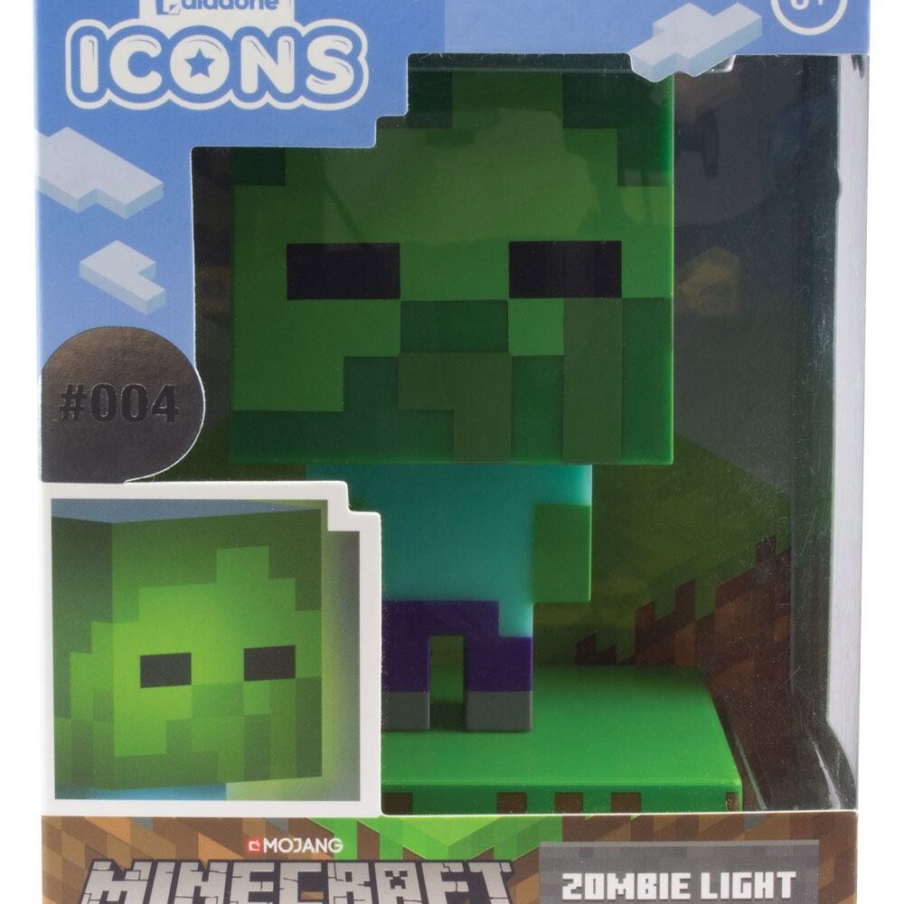 MINECRAFT LÁMPARA 3D ICON ZOMBIE. Con esta exclusiva lámpara de mesilla de la marca Paladone para su línea Icons tus noches serán mucho más pixeladas que de costumbre. La lamparita de 12 cms viene sobre una peana que parece césped de Minecraft. El pixelado cuerpo del zombie se iluminará y te acompañará cuando te desveles, pero recuerda, funciona con dos pilas AAA 1.5V no incluidas. Viene en una caja temática con ventana para que la colecciones junto a las otras lámparas de la colección: Álex, Steve y Creeper. Está hecho de plástico y es un producto de licencia oficial de Minecraft.