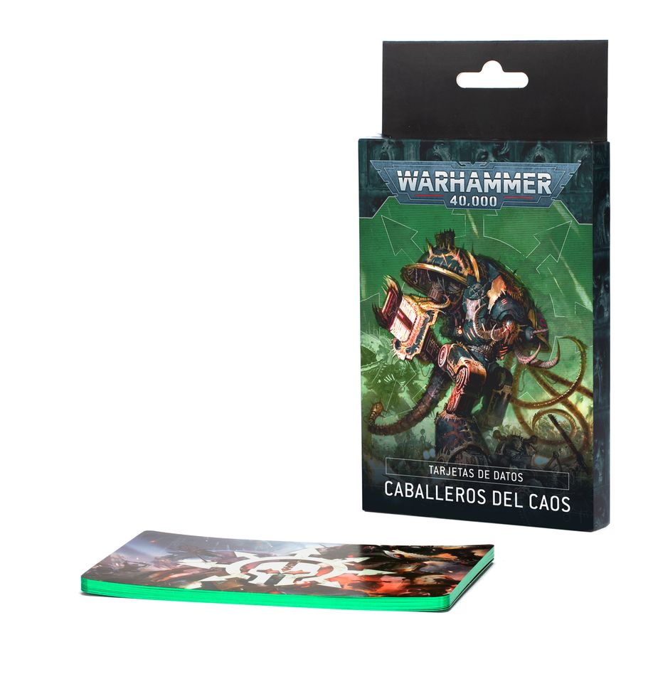 Datasheet cards: chaos knights (español). Cada caballero del caos es un ejército en sí mismo, equipado con un armamento capaz de destrozar unidades enemigas enteras y hacer trizas incluso los tanques de batalla más resistentes. Sin importar la forma que adopten, portan esos filos y cañones con un perverso orgullo, siguiendo una tradición marcial que, aunque corrupta, no dista mucho de la de sus parientes leales. Este set de 12 tarjetas te ayudará a llevar el control de tus infernales caballeros del caos en partidas de warhammer 40,000. Encontrarás tarjetas de datos individuales para cada configuración de caballero del caos, donde se detallan sus perfiles, opciones de equipo y habilidades especiales. Son una forma práctica de consultar información clave en el fragor de la batalla. También se incluye una tarjeta de referencia con las reglas de ejército de los caballeros del caos.