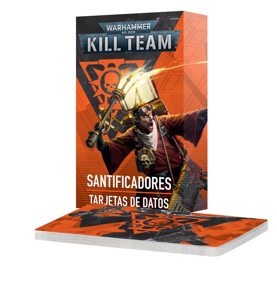 Kill team datacards: sanctifiers (español). Los comandos de santificadores no llevan uniforme ni siguen ninguna disciplina formal. Son poco más que una turba de fervientes cultistas que portan una amplia variedad de armas, en su mayoría dotadas de algún tipo de lanzallamas con el que purificar a los impuros. Este conjunto de 37 tarjetas te ayudará a llevar la cuenta de tus santificadores en partidas de kill team. Hay tarjetas individuales para las reglas de selección de comando, agentes, reglas de facción y ardides de tiroteo, y reglas de equipo universal y de facción. Son una forma ideal de consultar fácilmente la información clave en el fragor de la batalla.