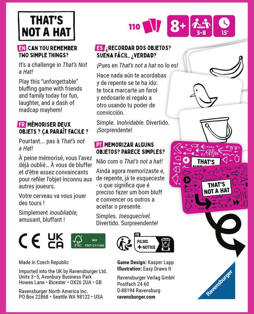 That's not a hat! Jdm. Envuelve y regala objetos en este juego de cartas engañosamente sencillo de tener la mejor memoria del mundo... O de convencer a todo el mundo de que la tienes! ¿ese regalo era un sombrero, un cubo o un cono de tráfico? Juega a este «inolvidable» juego de prestidigitación con amigos y familiares para divertirte, reírte y pasar un rato de alocado caos.  