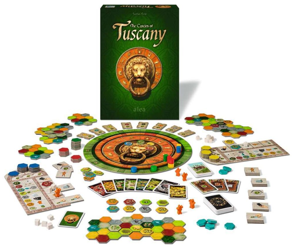 Castle of tuscany jdm. Corre el siglo xv en la bonita toscana. Sois unos influyentes príncipes que compiten por ampliar su principado alrededor de su «castello». Cread ciudades, pueblos y monasterios, impulsad el comercio, extraed mármol y haceos con la victoria!   gestionaremos nuestras losetas, apoyando a ciudades, pueblos y monasterios, o extraeremos mármol y entregaremos mercancías para así ver crecer nuestros puntos de victoria. En cada ronda, los jugadores utilizan sus cartas para colocar fichas útiles para expandir sus regiones y obtener nuevas oportunidades. Castillos de la toscana se desarrolla en tres rondas, y la duración de cada ronda se determina por el tiempo que los jugadores tardan en gastar todas las fichas que tienen en su pila izquierda. Durante cada ronda, los jugadores se turnan para robar dos cartas de región, tomar una ficha o jugar una ficha en su tablero de región. Para tomar una ficha del centro, los jugadores deben reemplazarla por una de sus propias fichas, así como tener espacio para guardarla en su tablero. Si la sección de almacenamiento de su tablero está llena, entonces deben quitar permanentemente una de las fichas del juego. Las fichas tienen diferentes beneficios dependiendo de lo que sean.