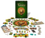 CASTLE OF TUSCANY JDM. Corre el siglo XV en la bonita Toscana. Sois unos influyentes príncipes que compiten por ampliar su principado alrededor de su «castello». Cread ciudades, pueblos y monasterios, impulsad el comercio, extraed mármol y haceos con la victoria!  Gestionaremos nuestras losetas, apoyando a ciudades, pueblos y monasterios, o extraeremos mármol y entregaremos mercancías para así ver crecer nuestros puntos de victoria. En cada ronda, los jugadores utilizan sus cartas para colocar fichas útiles para expandir sus regiones y obtener nuevas oportunidades. Castillos de la Toscana se desarrolla en tres rondas, y la duración de cada ronda se determina por el tiempo que los jugadores tardan en gastar todas las fichas que tienen en su pila izquierda. Durante cada ronda, los jugadores se turnan para robar dos cartas de región, tomar una ficha o jugar una ficha en su tablero de región. Para tomar una ficha del centro, los jugadores deben reemplazarla por una de sus propias fichas, así como tener espacio para guardarla en su tablero. Si la sección de almacenamiento de su tablero está llena, entonces deben quitar permanentemente una de las fichas del juego. Las fichas tienen diferentes beneficios dependiendo de lo que sean.