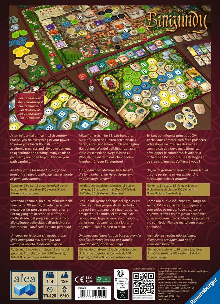 The castles of burgundy jdm. Eres un influyente príncipe del siglo xv en francia y te has propuesto hacer todo lo que esté en tu mano para que tus tierras prosperen. El estudio, el desarrollo de las ciudades, la ganadería, el comercio , tienes muchos caminos para lograr tu objetivo. Planifica bien tu recorrido! The castles of burgundy es un juego de mesa diseñado por stefan feld y publicado por ravensburger. Este juego te transportará a la francia medieval, donde tendrás que construir tu propio castillo y controlar tus tierras. El objetivo es convertirse en el señor más poderoso de la región y construir el castillo más impresionante. En the castles of burgundy, cada jugador tendrá un tablero personal en el que construirá su castillo. También tendrás una serie de dados que te permitirán realizar acciones, como obtener recursos, construir edificios y adquirir terrenos. A medida que avances en el juego, deberás prestar atención a las diferentes estrategias de tus oponentes para ganar ventaja sobre ellos y aumentar tus posibilidades de victoria. El juego es adecuado para de 2 a 4 jugadores, a partir de 12 años, y ofrece una duración de juego de alrededor de 60-90 minutos. Además, cuenta con una amplia gama de estrategias y posibilidades de personalización, lo que significa que cada partida será diferente y desafiante. The castles of burgundy es un juego de mesa clásico que ha sido muy popular entre los aficionados a los juegos de estrategia desde su lanzamiento. Con su mecánica de dados y estrategia, este juego es una excelente opción para aquellos que buscan una experiencia desafiante y emocionante en un entorno medieval auténtico. ¡construye tu castillo, controla tus tierras y conviértete en el señor más poderoso de la región!