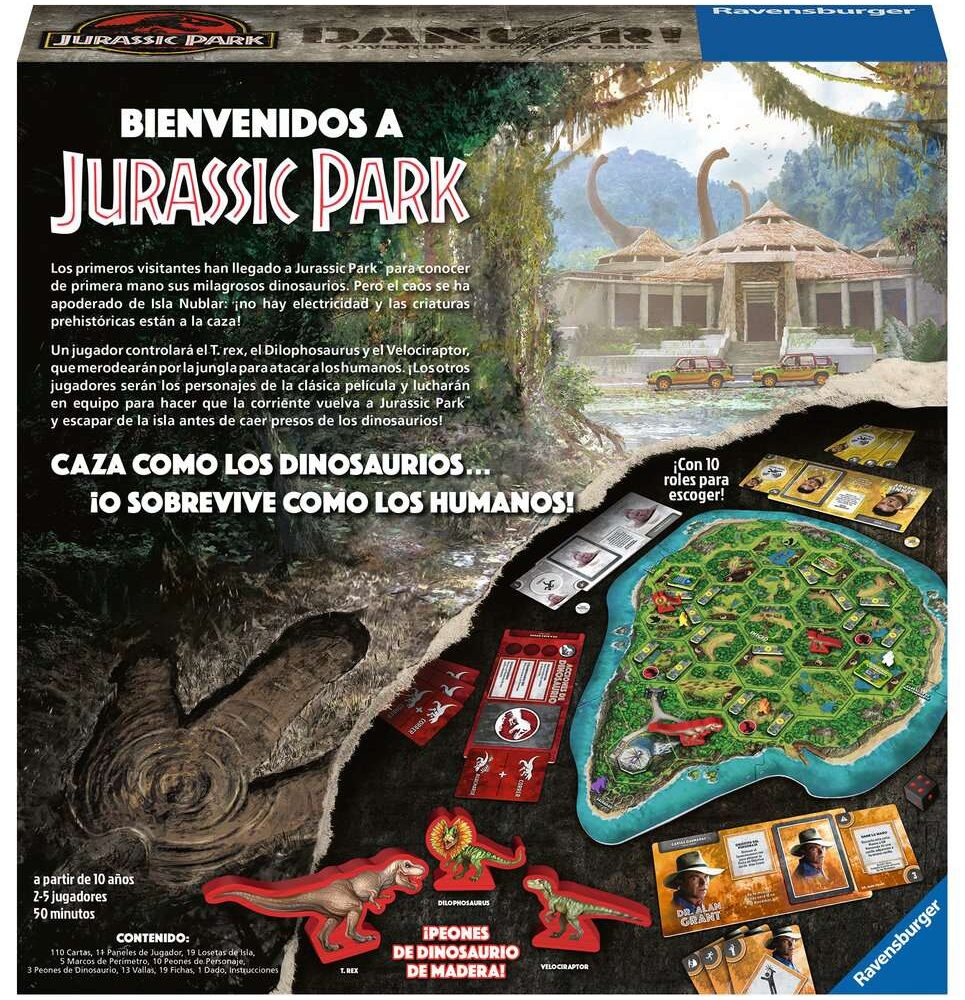 Jurassic park danger jdm.  los primeros visitantes han llegado a jurassic park para conocer los impresionantes dinosaurios. Pero el caos se ha apoderado de la isla nublar: ¡no hay electricidad y las criaturas prehistóricas están a la caza! Un jugador controlará el t-rex, el dilophosaurus y el velociraptor, que merodearán por la jungla hará atacar a los humanos. ¡los otros jugadores serán os personajes de la clásica película y lucharán en equipo para hacer que la corriente vuelva a jurassic park y escapar de la isla antes de caer presos de los dinosaurios!. Se trata de un juego de estrategia donde los humanos  deberán salvarse y llegar al helipuerto antes de que los dinosaurios eliminen a tres personaje humanos. Cuando un personaje humano es eliminado por los dinosaurios, ese jugador humano vuelve inmediatamente a jugar con un personaje humano completamente nuevo. Si éstos pueden llevar a un cierto número de personajes humanos a un lugar seguro, los humanos ganan. Pero si el jugador dinosaurio puede eliminar a 3 personajes humanos, los dinosaurios ganan.