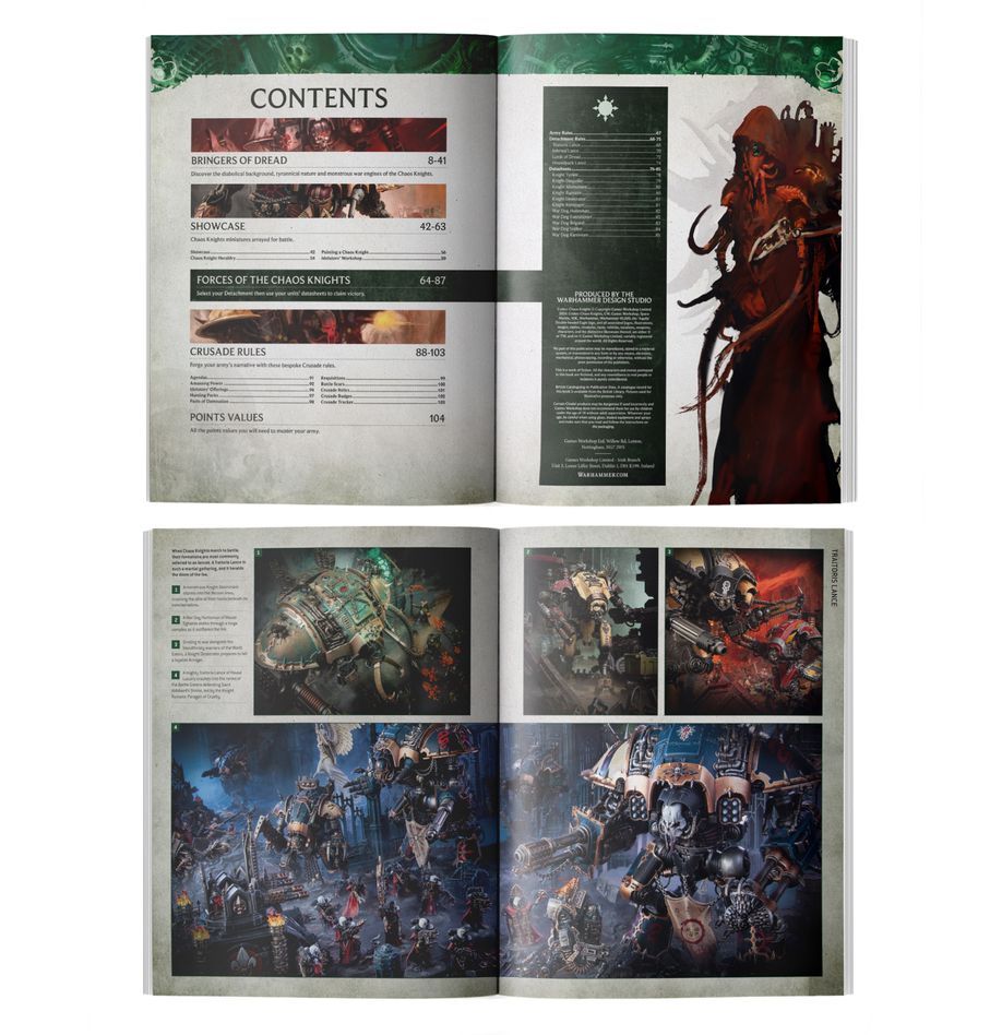 Codex: chaos knights (inglés). Solo en inglés. As the chaos knights march to war, the skies darken with unnatural storms, and the ground shakes beneath the tread of towering war engines. When gathered beneath the banner of a suitably tyrannical or diabolical leader, entire lances of chaos knights can shatter armies and conquer worlds. These nightmarish machines – and their heretical pilots – are death to any who face them on the field of battle. Codex: chaos knights is a vital book for collectors who enjoy the thunderous steps of infernal war machines. This impressive tome is packed with twisted artwork, heretical background material, stunning photography, and the rules you need to set these hulking brutes on a path to destruction in games of warhammer 40,000. You’ll find datasheets, detachments, rules for using dreadblades in your other chaos armies, and narrative crusade rules. This book will bring glory to the dark gods, no matter your allegience, or how you like to collect, paint, and play with your chaos knights.