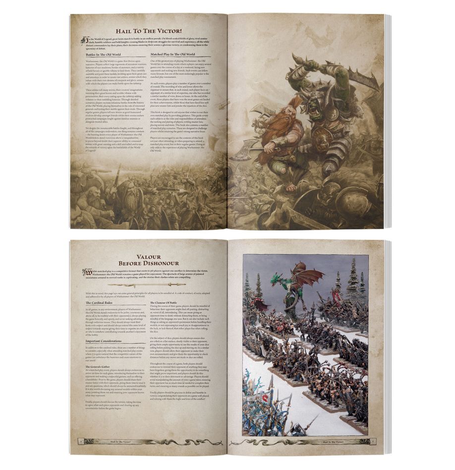 Matched play guide warhammer: the old world (inglés). Solo en inglés. Across the old world, mighty armies clash for territory or even mere survival. Elves, dwarfs, beastmen, and other, stranger creatures form ranks and march towards glory, or death. The matched play guide is a supplement containing rules and advice for organising competitive games and events for warhammer: the old world. It features six matched play scenarios, designed to provide players with different tactical challenges, along with thematic and challenging secondary objectives. There are additional rules for playing doubles events and team events, as well as a guide to escalation tournaments. It's ideal whether you want to run an event for the ages or are preparing to attend one as a player.