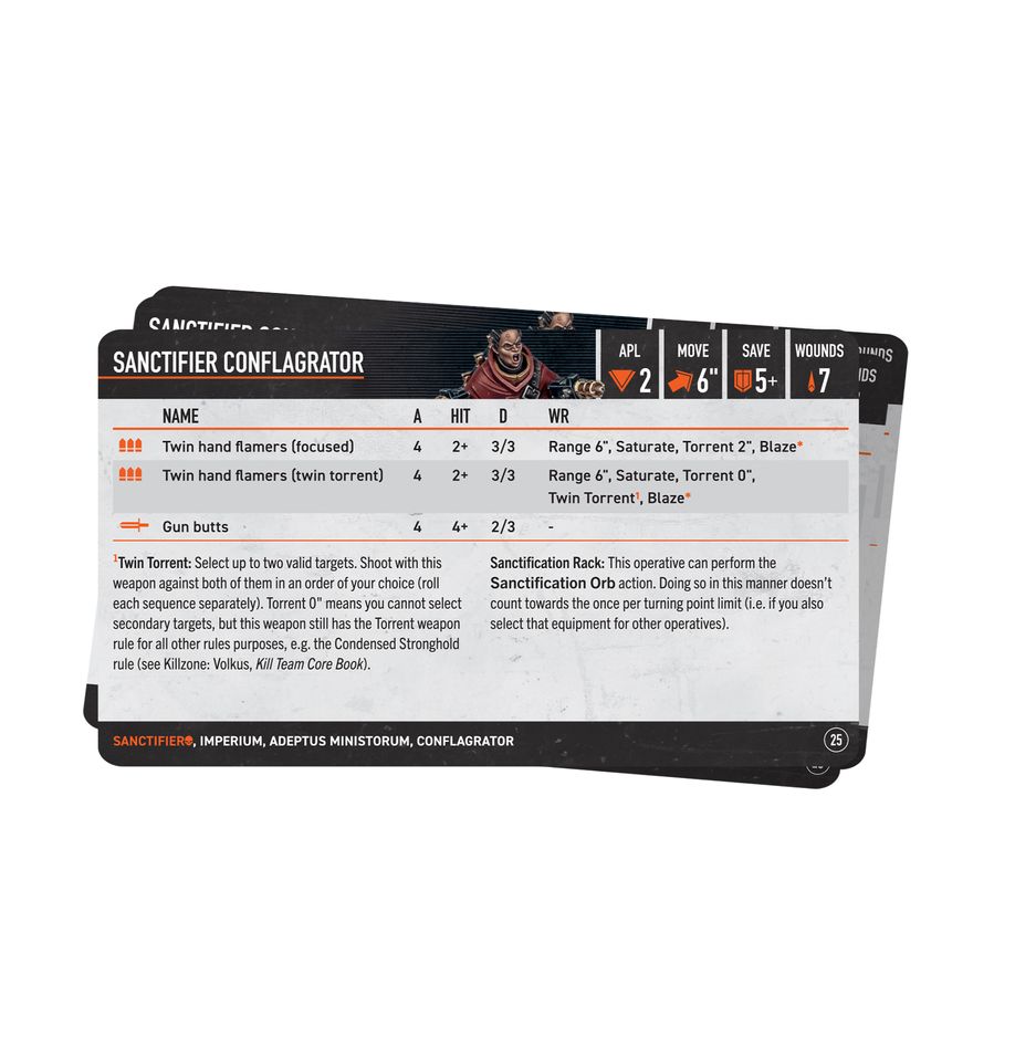 Kill team datacards: sanctifiers (inglés). Solo en inglés. Sanctifier kill teams wear no uniform and follow no formal discipline. Little more than a rabble of zealous cultists, they go to war wielding a wild array of weapons, most of which incorporate some form of flamer with which to purify the unclean. This set of 37 cards will help you keep track of your sanctifiers in games of kill team. There are individual cards for your team selection rules, operatives, faction rules, strategy and firefight ploys, and faction and universal equipment rules. They are an ideal way to easily check key information in the heat of battle.