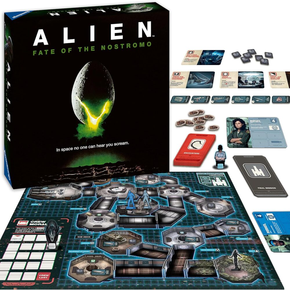 Alien jdm. Un extraterrestre recorre los pasillos de la nave nostromo y quiere daros caza a ti y a los demás miembros de la tripulación. Trabaja en equipo para moverte por la nave, recoger los objetos necesarios y construir otros nuevos para sobrevivir. Ten cuidado, el alienígena podría estar a la vuelta de la esquina!. Es un juego de mesa en el que tomaréis el papel de los miembros de la tripulación de la nostromo, ripley, lambert, parker, brett o dallas. A lo largo del juego, tendréis que hacer distintas acciones para cumplir diferentes objetivos, y, por supuesto, el alien no os pondrá las cosas fáciles… cada turno tiene dos fases. En la fase de acción de la tripulación, los jugadores recorren los pasillos de la nostromo, recogiendo chatarra, fabricando objetos, intercambiando chatarra y objetos con otros jugadores, y utilizando objetos y sus habilidades especiales.  brett, por ejemplo, puede fabricar objetos con una chatarra menos que otros jugadores. Si el alien está a menos de tres espacios del jugador con el incinerador, ese jugador puede usar el incinerador para enviar al alien de vuelta a su nido. En la fase de encuentro, los jugadores roban y resuelven una carta de encuentro. El alien puede estar acechando detrás de cualquier esquina... Una vez que los jugadores cumplen sus objetivos iniciales, se enfrentan a una de las cinco misiones finales, cada una con un conjunto único de requisitos. Los jugadores deben cumplir los requisitos de la misión final simultáneamente para ganar la partida. Los jugadores también pueden introducir al oficial científico ash para un juego más complejo.  ash se mueve por la nave, eliminando chatarra y obligando a la tripulación a perder la moral.
