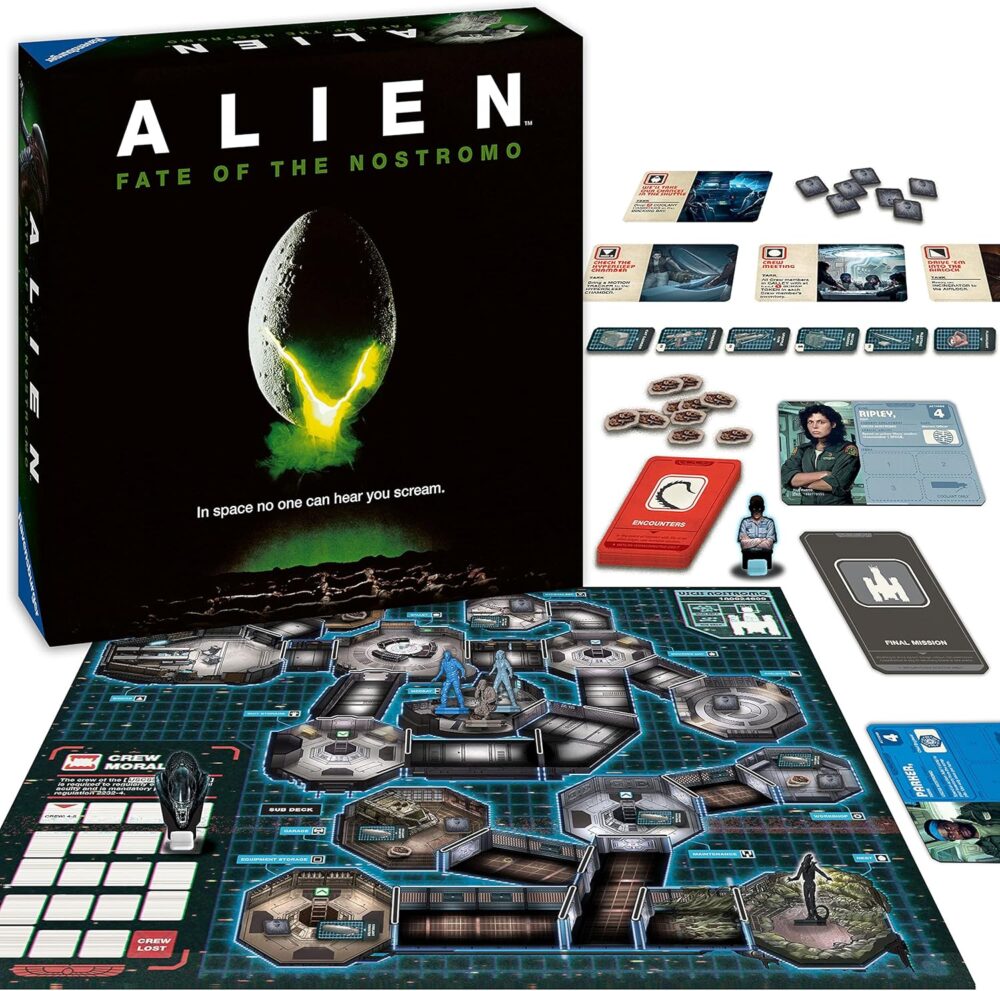 Alien jdm. Un extraterrestre recorre los pasillos de la nave nostromo y quiere daros caza a ti y a los demás miembros de la tripulación. Trabaja en equipo para moverte por la nave, recoger los objetos necesarios y construir otros nuevos para sobrevivir. Ten cuidado, el alienígena podría estar a la vuelta de la esquina!. Es un juego de mesa en el que tomaréis el papel de los miembros de la tripulación de la nostromo, ripley, lambert, parker, brett o dallas. A lo largo del juego, tendréis que hacer distintas acciones para cumplir diferentes objetivos, y, por supuesto, el alien no os pondrá las cosas fáciles… cada turno tiene dos fases. En la fase de acción de la tripulación, los jugadores recorren los pasillos de la nostromo, recogiendo chatarra, fabricando objetos, intercambiando chatarra y objetos con otros jugadores, y utilizando objetos y sus habilidades especiales.  brett, por ejemplo, puede fabricar objetos con una chatarra menos que otros jugadores. Si el alien está a menos de tres espacios del jugador con el incinerador, ese jugador puede usar el incinerador para enviar al alien de vuelta a su nido. En la fase de encuentro, los jugadores roban y resuelven una carta de encuentro. El alien puede estar acechando detrás de cualquier esquina... Una vez que los jugadores cumplen sus objetivos iniciales, se enfrentan a una de las cinco misiones finales, cada una con un conjunto único de requisitos. Los jugadores deben cumplir los requisitos de la misión final simultáneamente para ganar la partida. Los jugadores también pueden introducir al oficial científico ash para un juego más complejo.  ash se mueve por la nave, eliminando chatarra y obligando a la tripulación a perder la moral.