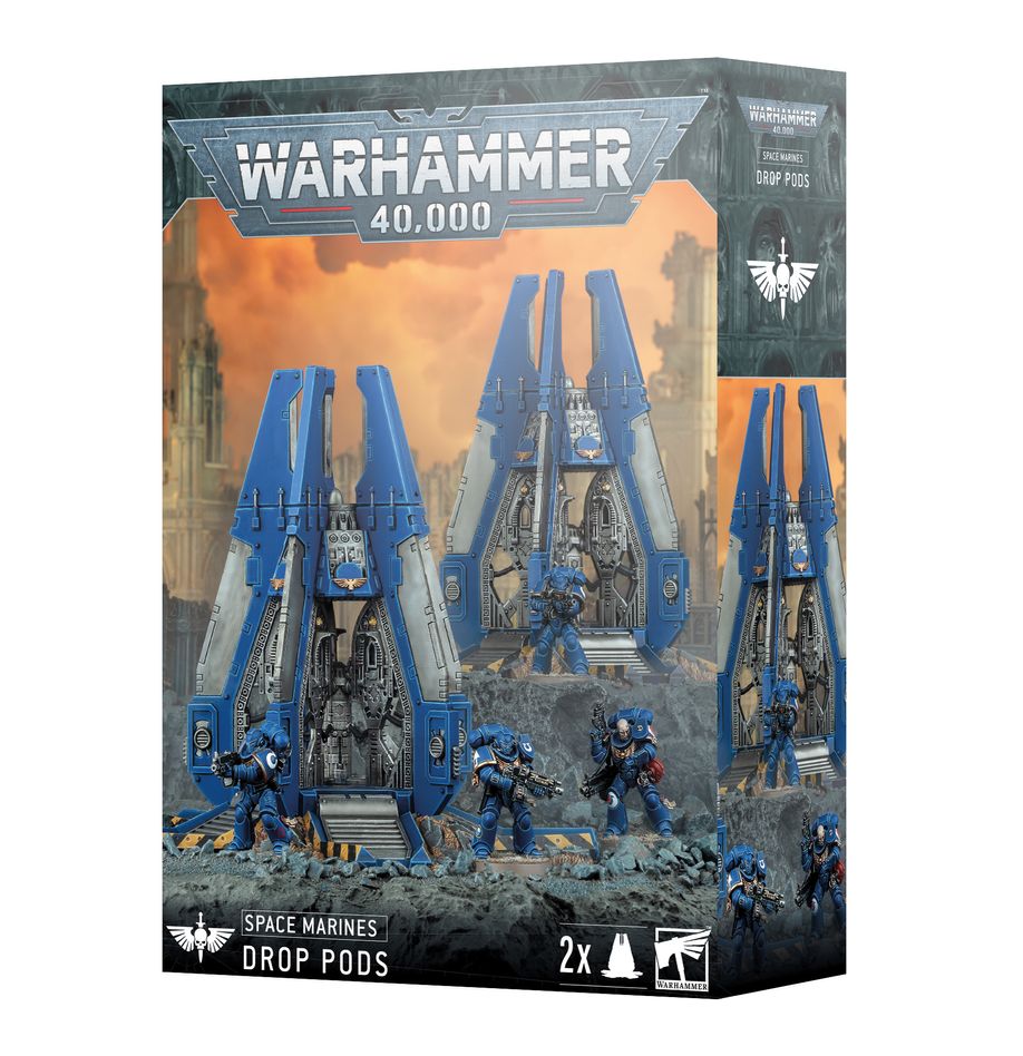 Drop pods space marines. Las cápsulas de desembarco se lanzan desde naves en baja órbita. Al caer sobre el campo de batalla, las compuertas se abren violentamente con el impacto y, en cuestión de segundos, una escuadra de marines espaciales surge entre una lluvia de fuego de bólter. Este furioso y letal asalto siembra el caos entre el enemigo y hace trizas sus líneas. Con este kit multicomponente de plástico puedes montar dos cápsulas de desembarco, vehículos de transporte para tus ejércitos de marines espaciales de warhammer 40,000. Desbarata los planes enemigos desplegando tus tropas directamente en el corazón de su ejército, tras las líneas enemigas y en flancos expuestos para hacerte con objetivos clave.