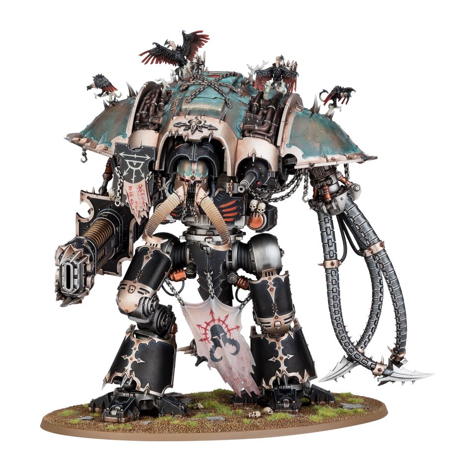 Chaos knights: knight ruinator. Los caballeros portarruinas cargan contra las líneas enemigas en medio de ardientes ráfagas de llamas malditas y salvas de misiles pulsoterror. Fijan su objetivo en un solo oponente o grupo hasta destruirlo, para a continuación avanzar hacia el siguiente. Estos ingenios de guerra dejan tras de sí un sendero de devastación por el que sus camaradas pueden seguirles hasta el mismo corazón de las posiciones enemigas. Con este kit multicomponente de plástico puedes montar un poderoso caballero del caos en una de sus cuatro configuraciones distintas para tu ejército de caballeros del caos de warhammer 40,000. También puedes desplegarlo como descastado aliado en ejércitos de marines espaciales del caos, guardia de la muerte, hijos del emperador, mil hijos o devoradores de mundos. El caballero portarruina se especializa en causar el máximo daño a corto alcance, pero montes la clase que montes, traerá consigo un arsenal de armas tremendamente potentes. Una sola de estas poderosas máquinas de guerra es capaz de cambiar el curso de cualquier batalla. Tienes diferentes máscaras retorcidas, cadenas, tubos, púas y cuernos opcionales para crear una máquina de maldad verdaderamente única.