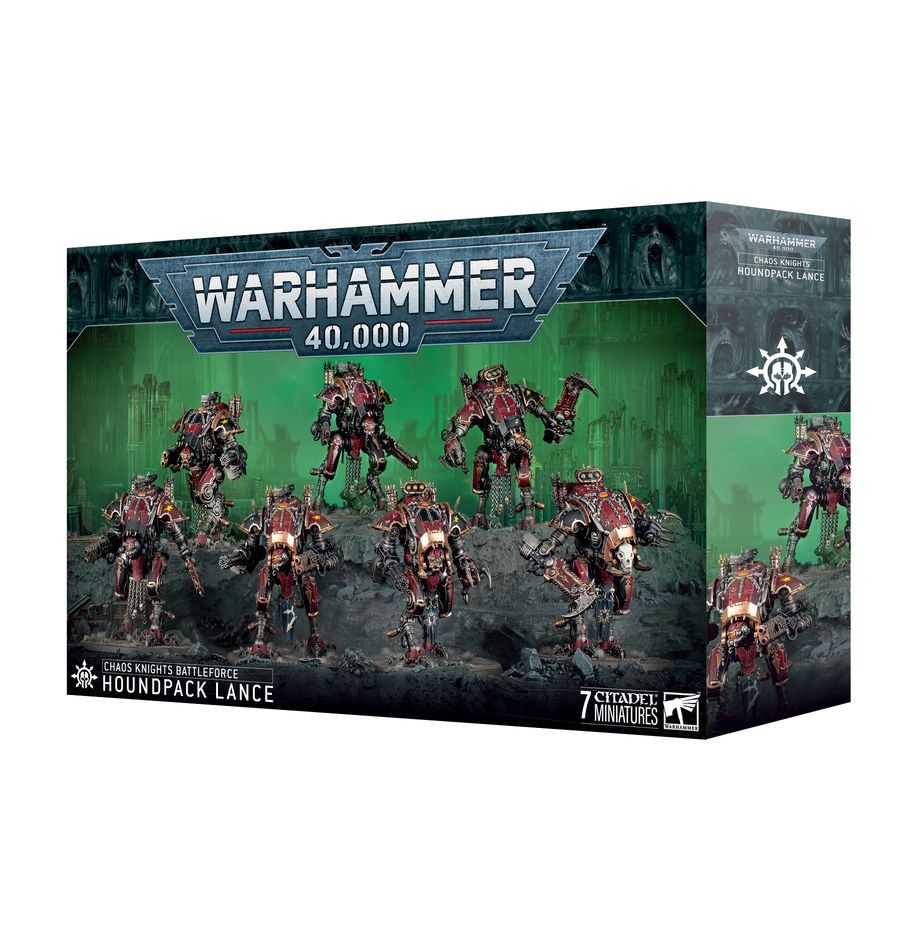Chaos knights battleforce: houndpack lance. Los caballeros del caos de la clase perro de la guerra actúan como jaurías de caza para sus temibles casas. Armados con una ecléctica selección de armas, estos ágiles bípodes de combate se adelantan a las terribles sombras proyectadas por los caballeros, eliminando a los batidores enemigos y protegiendo los flancos de sus colosales señores. Pueden especializarse en combate a distancia, cuerpo a cuerpo o una combinación de ambos. Cuando se despliegan en gran número, resultan abrumadores para cualquier enemigo. Con este kit multicomponente de plástico puedes montar siete perros de la guerra para tus ejércitos de caballeros del caos de warhammer 40,000. Los perros de la guerra también pueden desplegarse como descastados aliados en tus ejércitos de marines espaciales del caos, hijos del emperador, mil hijos o devoradores de mundos. Pueden montarse como agresivos forajidos, karnívoros bien pertrechados de armas pesadas o flexibes acechantes, todos ellos capaces de devastar unidades enemigas y ofrecer un apoyo mortífero al resto de tu ejército. Cada perro de la guerra puede personalizarse con distintas posturas articuladas, placas de blindaje, máscaras y otros accesorios que aportarán carácter a tus máquinas de guerra. Esta completa caja es un modo fantástico de empezar tu colección, o una opción excelente para ampliarla, y es más económica que comprar los kits por separado.
