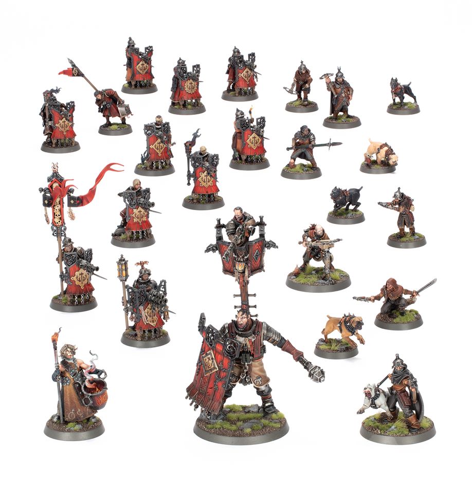 Spearhead: cities of sigmar – fusil - platoon. Acero y pólvora negra son la savia de las ciudades de sigmar, así como la vigilancia implacable. Las secciones de fusilería representan las tres cosas: desplegadas como brigadas móviles de artillería, su labor consiste en buscar enemigos que pretendan emboscar a las líneas de batalla y hacerles abandonar su escondite. Si quieres defender los reinos mortales en nombre de las fuerzas del orden, esta caja es la manera perfecta de empezar una nueva colección de ciudades de sigmar (o ampliar tu ejército de warhammer age of sigmar) y ahorrarte dinero, si lo comparas con comprar cada kit por separado. Lidera la fuerza un fusilero mayor en ogor baluarte, letal tanto a distancia como en combate cuerpo a cuerpo, que cuenta con la ayuda de un transmutador de guerra. Los fusileros del gremio libre lanzan ráfagas de fuego mientras los cazadores montaraces ejercen presión sobre el enemigo y reclaman objetivos. Estas miniaturas componen una fuerza de punta de lanza completa, lo que significa que podrás lanzarte a jugar partidas tácticas e intensas desde el primer momento. El fusilero mayor puede montarse con dos poses distintas, igual que el ogor baluarte que conduce a la batalla. Los fusileros del gremio libre tienen varias piezas intercambiables, como los escudos y las cabezas. Puedes montar un campeón de unidad opcional con un arma de varios cañones o pistolas, y también hay piezas para montar un portaestandarte con dos sombreretes distintos entre los que elegir. Los cazadores montaraces tienen distintas opciones de armas y de cabezas. I opcionales. También hay opciones de armas para que personalices aún más tu unidad.