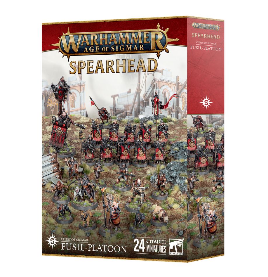 Spearhead: cities of sigmar – fusil - platoon. Acero y pólvora negra son la savia de las ciudades de sigmar, así como la vigilancia implacable. Las secciones de fusilería representan las tres cosas: desplegadas como brigadas móviles de artillería, su labor consiste en buscar enemigos que pretendan emboscar a las líneas de batalla y hacerles abandonar su escondite. Si quieres defender los reinos mortales en nombre de las fuerzas del orden, esta caja es la manera perfecta de empezar una nueva colección de ciudades de sigmar (o ampliar tu ejército de warhammer age of sigmar) y ahorrarte dinero, si lo comparas con comprar cada kit por separado. Lidera la fuerza un fusilero mayor en ogor baluarte, letal tanto a distancia como en combate cuerpo a cuerpo, que cuenta con la ayuda de un transmutador de guerra. Los fusileros del gremio libre lanzan ráfagas de fuego mientras los cazadores montaraces ejercen presión sobre el enemigo y reclaman objetivos. Estas miniaturas componen una fuerza de punta de lanza completa, lo que significa que podrás lanzarte a jugar partidas tácticas e intensas desde el primer momento. El fusilero mayor puede montarse con dos poses distintas, igual que el ogor baluarte que conduce a la batalla. Los fusileros del gremio libre tienen varias piezas intercambiables, como los escudos y las cabezas. Puedes montar un campeón de unidad opcional con un arma de varios cañones o pistolas, y también hay piezas para montar un portaestandarte con dos sombreretes distintos entre los que elegir. Los cazadores montaraces tienen distintas opciones de armas y de cabezas. I opcionales. También hay opciones de armas para que personalices aún más tu unidad.
