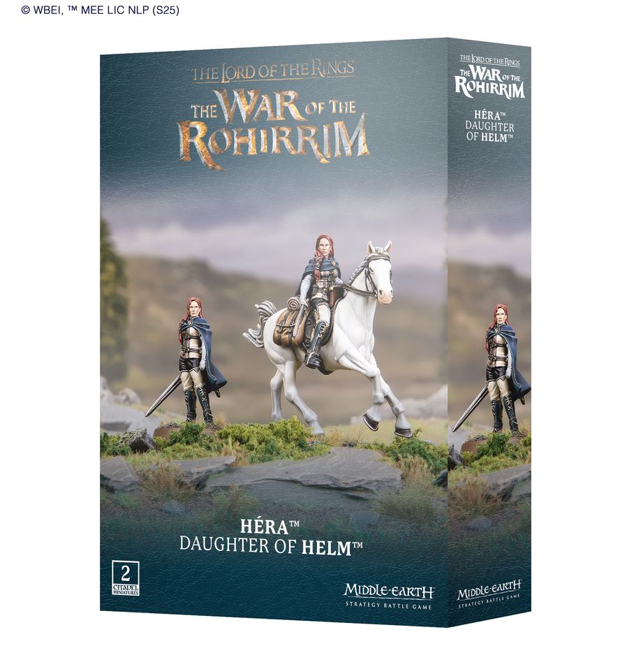 Middle-earth sbg: héra daughter of helm. Héra, la hija de helm, es una joven brava y testaruda que aprendió a montar a caballo antes que a andar. No tiene ningún interés en sentar la cabeza; prefiere vivir una vida de aventuras y emociones fuertes. Cuando el ejército de wulf ataca edoras, héra protege a su pueblo de la invasión y se encarga de que todos aquellos incapaces de luchar logren huir de la ciudad y guarecerse en el santuario de cuernavilla. Con este kit multicomponente de plástico puedes montar a héra, tanto a pie como a caballo, para tus fuerzas de army of edoras en middle-earth strategy battle game. Como hija de rohan, es letal en combate, y luchar a lomos de ashere amplía muchísimo su rango de amenaza. Puede montarse con o sin capa y está equipada con armadura, espada y un spyglass con el que detectar la presencia de enemigos ocultos. El kit contiene 38 piezas de plástico, 1 peana redonda citadel de 40 mm y 1 peana redonda citadel de 25 mm. Las miniaturas se proporcionan sin montar ni pintar. Recomendamos usar pegamento para plástico citadel y pinturas citadel colour.