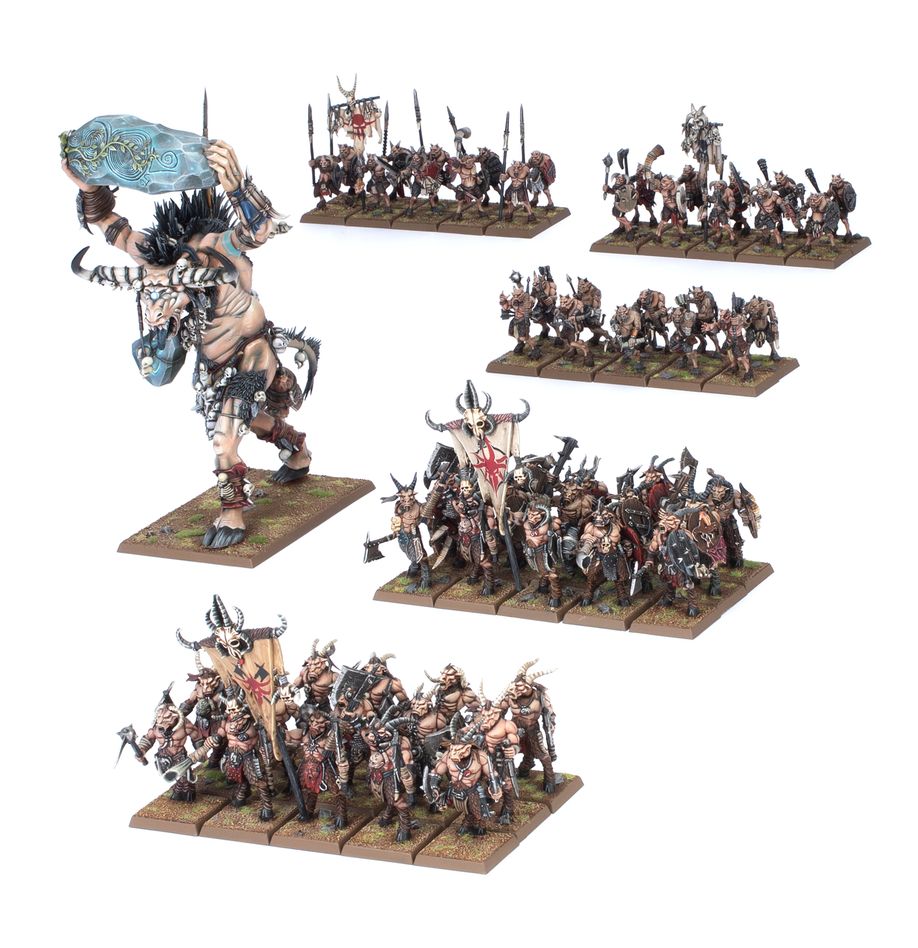 Beastmen brayherds battalion. Más que un ejército disciplinado, las manadas bestiales de hombres bestia son grupos de incursores desorganizados, repletos de criaturas salvajes y babeantes empeñadas en la destrucción y el derramamiento de sangre. Estos monstruos de otro mundo avanzan en hordas despiadadas, armados con hachas, lanzas rudimentarias y escudos. Con esta caja puedes montar un núcleo sólido de un ejército de beastmen brayherds para usar en partidas de warhammer: the old world. Es perfecta para empezar una nueva colección o ampliar la tuya, y más económica que comprar los kits por separado. Un cygor magofóbico, que también puede ensamblarse como un corpulento ghorgon, actúa como eje de esta fuerza, listo para aplastar a tus mayores amenazas. A sus pies, hordas de ungors avanzan en escaramuza. Estos guerreros versátiles pueden armarse con arcos rudimentarios, lanzas o armas de mano y escudos para enfrentarse a cualquier enemigo. Los brutales gors completan tus filas con una avalancha de rudos soldados con armas de mano emparejadas, o bien armas de mano y escudos, para aplastar las líneas enemigas.