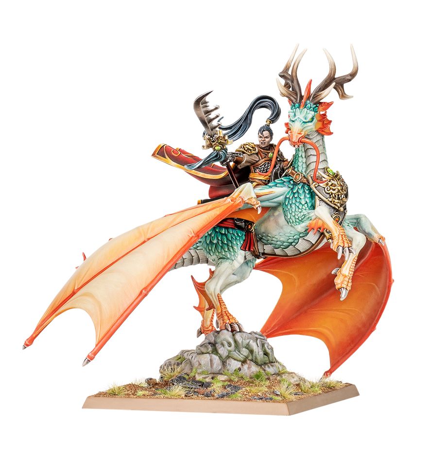 Shugengan lord on great spirit longma. Los señores shugengan son generales de los ejércitos de la gran catai y, a menudo, descendientes directos de los propios vástagos del dragón celestial. Son hechiceros natos que dominan los vientos elementales con la misma facilidad con la que blanden una espada. Los más poderosos entre los de sangre de dragón son venerados en la corte celestial. Lideran desde el frente en la batalla, y su presencia en el fragor del combate inspira a los ejércitos del emperador dragón. Con este kit multicomponente de plástico puedes montar un shugengan lord a lomos de un great spirit longma, un poderoso líder para tus armies of grand cathay de warhammer: the old world. Montado sobre su grand spirit longma, puede volar rápidamente a donde más se le necesite en el campo de batalla y usar su habilidad con las armas contra cualquiera que se atreva a oponerse a la voluntad del dragón celestial.