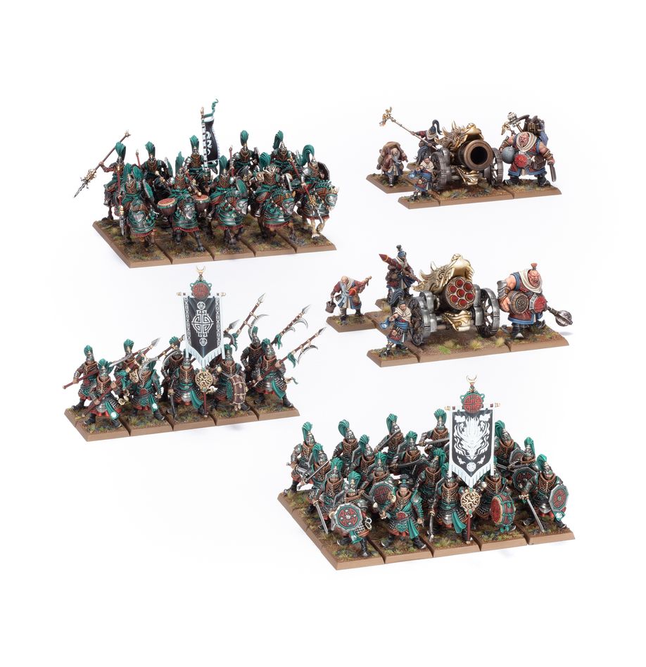 Grand cathay battalion. La enorme nación de la gran catai es una de las civilizaciones más antiguas del mundo de leyenda, con nada que envidiar a los grandes reinos de elfos y enanos en alcance y poder. Es una tierra armoniosa que ha permanecido casi inalterada durante milenios, un imperio que se erige en baluarte eterno frente a los males del mundo. Con esta caja puedes montar el sólido núcleo de una fuerza de armies of grand cathay para partidas de warhammer: the old world. La pesada caballería de élite de los jade lancers lidera la carga para destrozar las primeras filas del enemigo. Tras ellos llegan las implacables filas de jade warriors, prestos a defender tu territorio o marchar en pos de nuevas conquistas. Y todo ello con la cobertura de dos piezas de artillería que arrasan al enemigo desde la distancia.