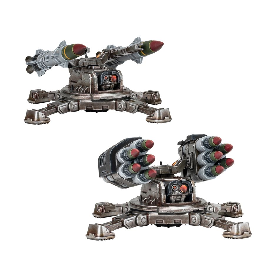 Tarantula missile battery. Las tarantula son plataformas de armas versátiles que suelen emplearse para reforzar flancos expuestos o posiciones de retaguardia y liberar de tareas defensivas a las tropas del adeptus astartes. Son poco más que una sólida base con una torreta móvil, y están diseñadas para montar armas diversas en función de la situación. Aunque sencillas, bien desplegadas son muy efectivas. Con este kit multicomponente de plástico puedes montar dos tarantula missile batteries, plataformas de armas automatizadas para tus ejércitos de legiones astartes de warhammer: the horus heresy. Cada una puede equiparse con un hyperios missile launcher para destruir blindados y aeronaves, o con orias frag missiles para dinamitar hordas de infantería. Sin importar el enemigo al que te enfrentes, siempre encontrarás la configuración perfecta. El kit no trae insignias específicas de ninguna legión, por lo que puedes incluirlo en cualquier fuerza de marines espaciales, tanto si eres leal al emperador como si te has sumado a la rebelión de horus.