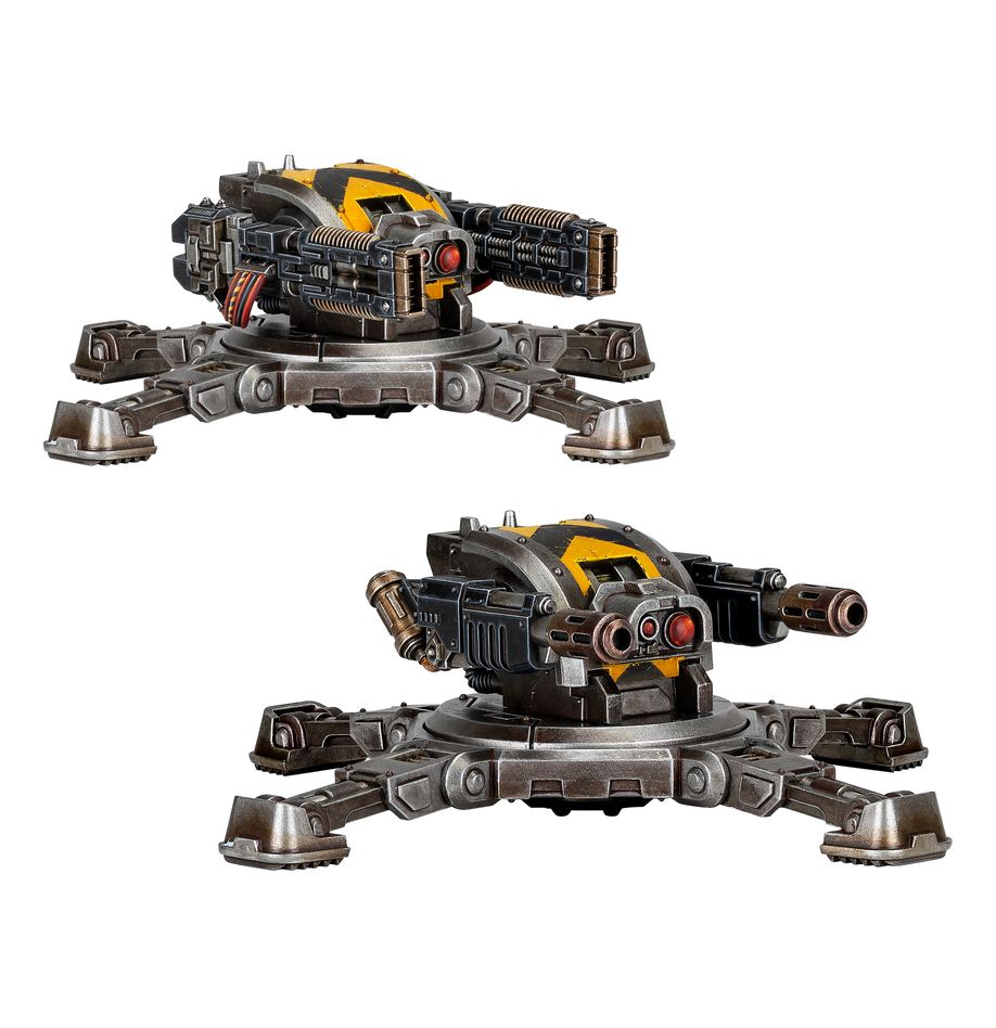 Tarantula sentry guns.  las tarantula son plataformas de armas versátiles que suelen emplearse para reforzar flancos expuestos o posiciones de retaguardia y liberar de tareas defensivas a las tropas del adeptus astartes. Son poco más que una sólida base con una torreta móvil, y están diseñadas para montar armas diversas en función de la situación. Aunque sencillas, bien desplegadas son muy efectivas. Con este kit multicomponente de plástico puedes montar dos tarantula sentry guns, plataformas de armas automatizadas para tus ejércitos de legiones astartes de warhammer: the horus heresy. Cada una puede equiparse con cuatro tipos de armas distintas: lascannons antiblindaje, heavy bolters antinfanteria, una sentry melta array para acabar con los enemigos más acorazados, o volkite culverins para aniquilar hordas de infantería. Sin importar el enemigo al que te enfrentes, siempre encontrarás la configuración perfecta. El kit no trae insignias específicas de ninguna legión, por lo que puedes incluirlo en cualquier fuerza de marines espaciales, tanto si eres leal al emperador como si te has sumado a la rebelión de horus.