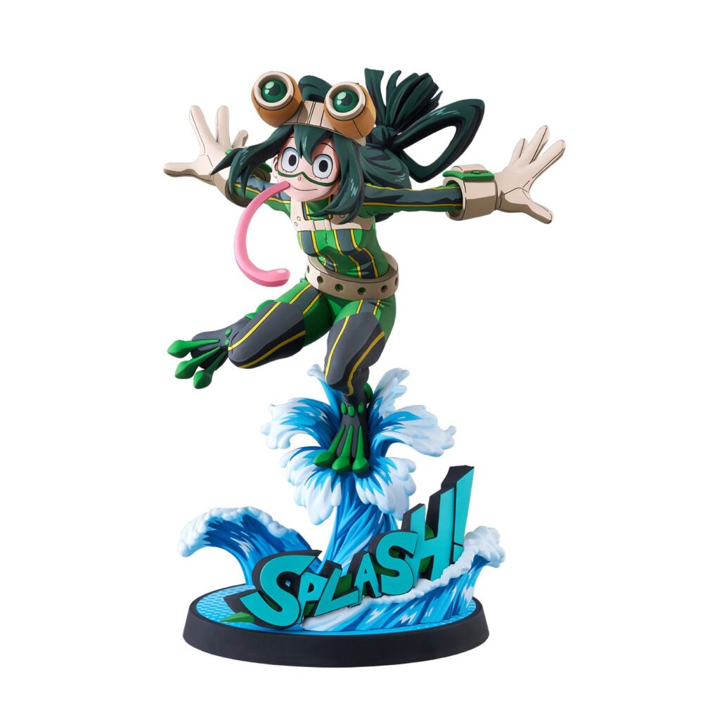 Tsuyu asui hero suit 2d my hero academia 1/8. Bellfine presenta esta estatua a escala 1/8 de tsuyu asui con su traje de superheroína, basada en su apariencia en el anime "my hero academia". Esta versión cuenta con un estilo gráfico peculiar que pretende reproducir la bidimensionalidad de su aspecto en pantalla. La figura mide aproximadamente 20 cm y está fabricada en abs y pvc. Su base circular, esta decorada con olas y la palabra splash! Sobre ellas.