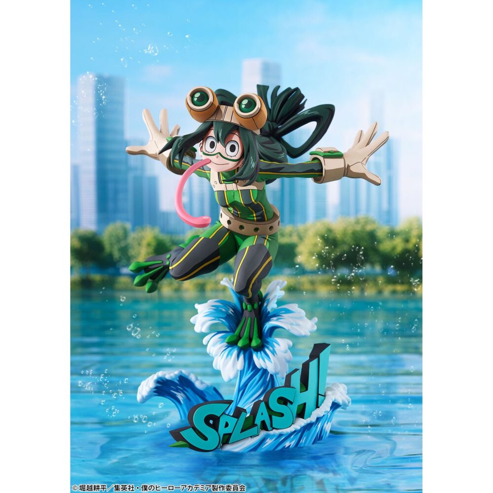Tsuyu asui hero suit 2d my hero academia 1/8. Bellfine presenta esta estatua a escala 1/8 de tsuyu asui con su traje de superheroína, basada en su apariencia en el anime "my hero academia". Esta versión cuenta con un estilo gráfico peculiar que pretende reproducir la bidimensionalidad de su aspecto en pantalla. La figura mide aproximadamente 20 cm y está fabricada en abs y pvc. Su base circular, esta decorada con olas y la palabra splash! Sobre ellas.