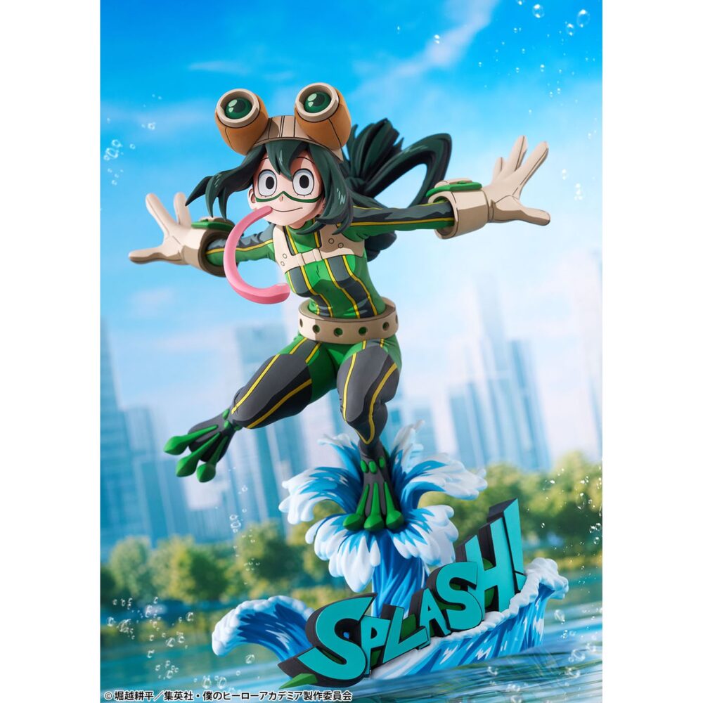 Tsuyu asui hero suit 2d my hero academia 1/8. Bellfine presenta esta estatua a escala 1/8 de tsuyu asui con su traje de superheroína, basada en su apariencia en el anime "my hero academia". Esta versión cuenta con un estilo gráfico peculiar que pretende reproducir la bidimensionalidad de su aspecto en pantalla. La figura mide aproximadamente 20 cm y está fabricada en abs y pvc. Su base circular, esta decorada con olas y la palabra splash! Sobre ellas.