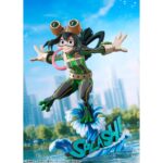 TSUYU ASUI HERO SUIT 2D MY HERO ACADEMIA 1/8. BellFine presenta esta estatua a escala 1/8 de Tsuyu Asui con su traje de superheroína, basada en su apariencia en el anime "My Hero Academia". Esta versión cuenta con un estilo gráfico peculiar que pretende reproducir la bidimensionalidad de su aspecto en pantalla. La figura mide aproximadamente 20 cm y está fabricada en ABS y PVC. Su base circular, esta decorada con olas y la palabra Splash! sobre ellas.