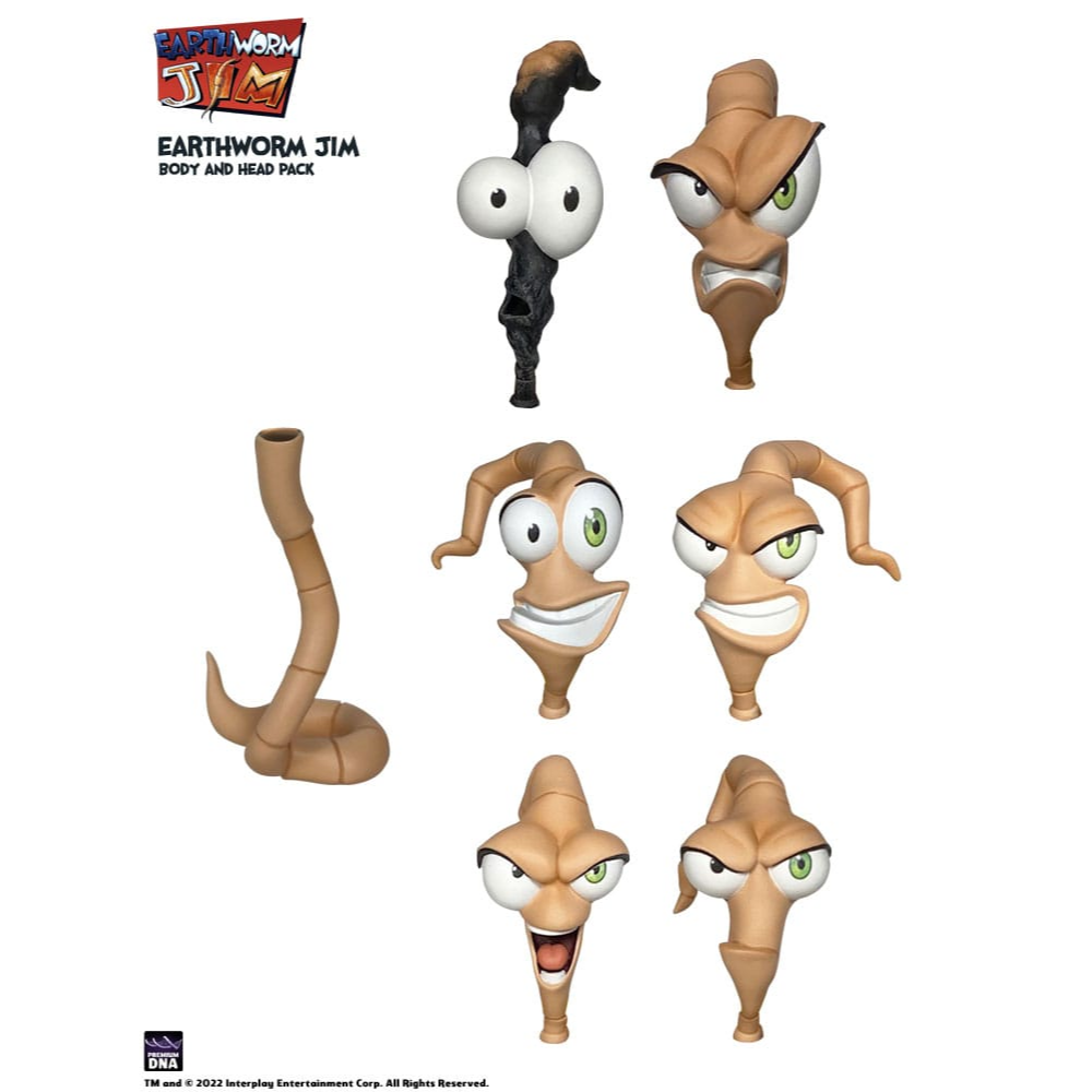 Eartworm jim figura wave 1: worm body and jim heads pack. Ningún earthworm jim puede estar completo sin su cuerpo de gusano, ¡y nunca tendrás suficientes cabezas para capturar todas sus expresiones! El nuevo pack premium dna worm body & heads incluye 6 esculturas de cabeza alternativas para tu figura de acción de earthworm jim, y todas las cabezas son compatibles con el cuerpo de gusano incluido.  