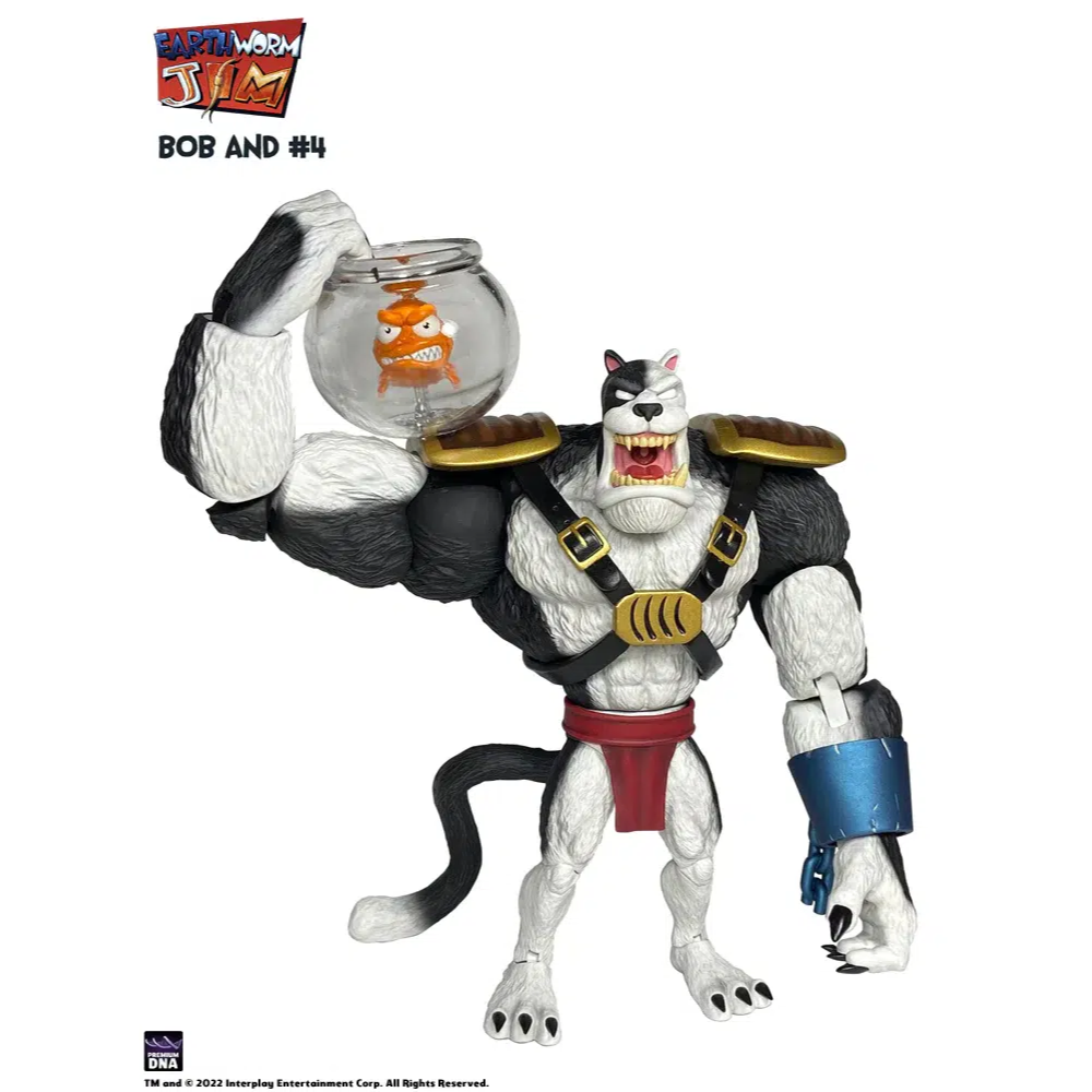Eartworm jim figura wave 1: bob the killer goldfish & 4 15 cm.   ¡vayan y destruyan! ¡destruid! ¡destruye! El megalómano gobernante de la planeta de agua, bob el pez asesino, ¡ha llegado! A bob le acompaña en su búsqueda de la dominación universal su esbirro favorito de los 7 gatos, ¡el enorme #4!
