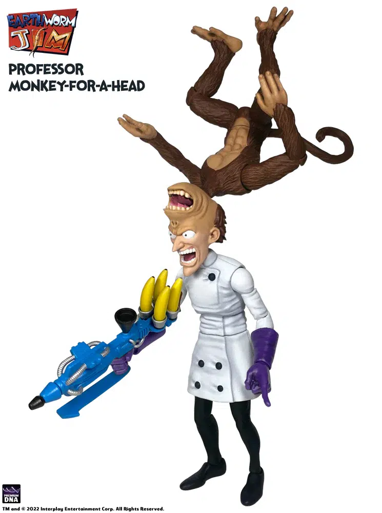 Eartworm jim figura wave 1: professor monkey-for-a-head 28 cm. Este científico loco se ha vuelto loco, ¡y no se anda con chiquitas! Puede que el profesor mono por cabeza no tenga una batería de los dioses de repuesto para impulsar un nuevo supertraje, ¡pero eso no le impide crear nuevos y traicioneros inventos! Aunque el mono injertado en la cabeza del profesor es fácil de llevar y le encanta tomarle el pelo, el profesor es ferozmente protector con su compañero simiesco, que le permite escapar de casi cualquier situación gracias a sus habilidades para trepar. Dos increíbles figuras de acción en una, la nueva figura de acción del profesor mono por cabeza de adn premium a escala 1/12 mide aproximadamente 11« de alto (5,5» de humano, 5,5" de mono).