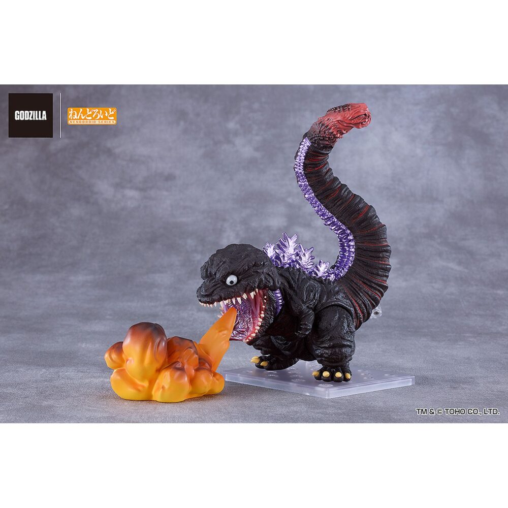 Shin godzilla 2016 nendoroid. Good smile company incorpora a su colección nendoroid la figura de godzilla basada en su imponente aparición en la película "shin godzilla" de 2016. Esta figura de aproximadamente 10 cm incluye diversas piezas intercambiables para recrear poses icónicas: 2x placas faciales con mandíbula cerrada y abierta, 2x reguladores dorsales intercambiables, 1x efecto de regulación térmica y 1x efecto de llama explosiva. Se presenta pintada detalladamente, totalmente articulada y con base expositora transparente incluida.