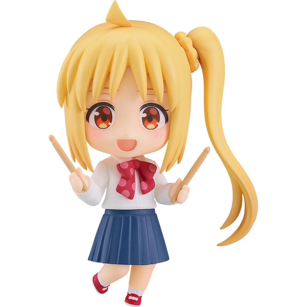 NIJIKA IJICHI BOCCHI THE ROCK NENDOROID. Good Smile Company reintroduce en su línea Nendoroid esta figura de Nijika Ijichi, baterista y líder de la banda Kessoku en el anime "Bocchi the Rock!". La figura articulada incluye 3x placas faciales (sonriente, confiada y exasperada) y varios accesorios: 1x batería completa, 1x silla, 1x parte inferior del cuerpo sentada y otros complementos para poses variadas. Mide aproximadamente 10 cm e incluye base expositora transparente.